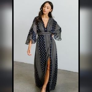 NWT Baltic Born Soieblu Boho Maxi Dress Navy Blue Polka Dots
